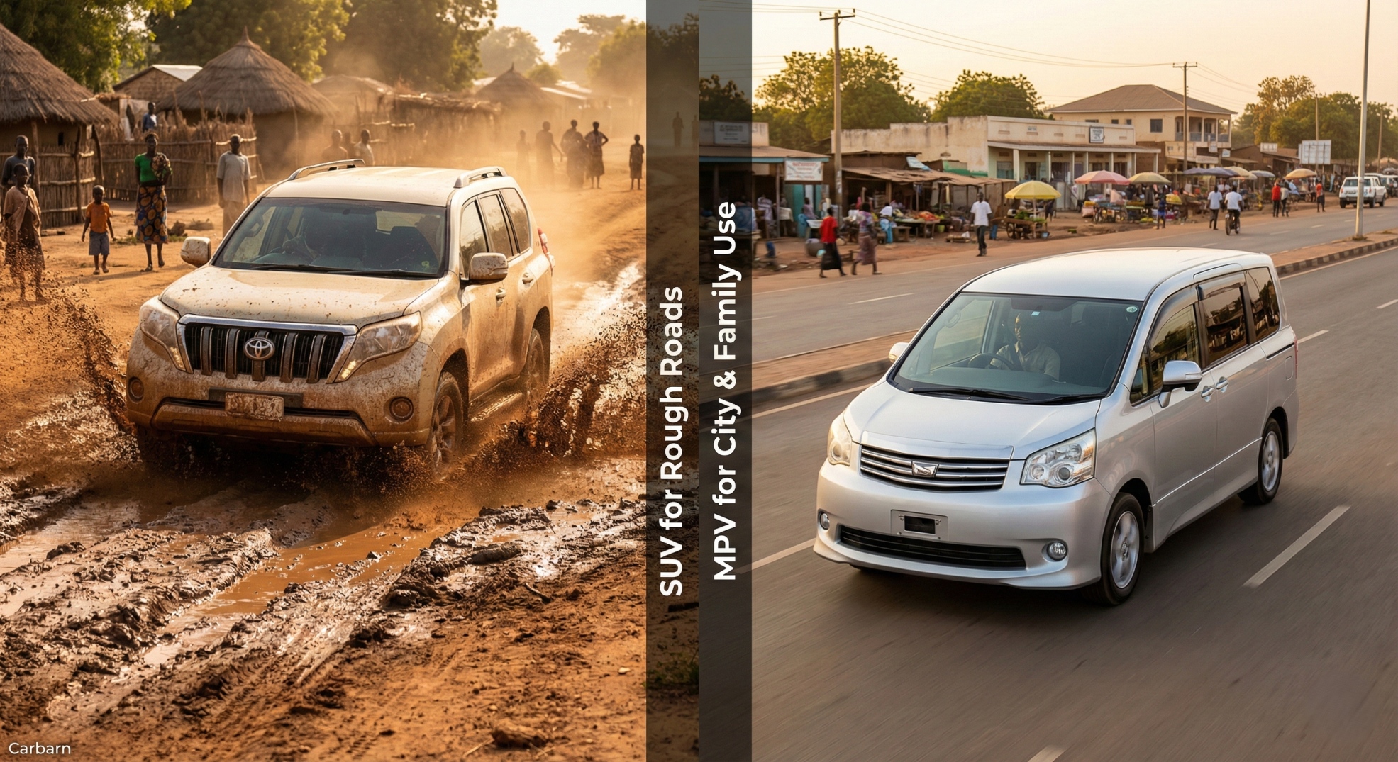 Comparison image showing when to choose an 8-seater SUV vs a Japanese MPV in South Sudan